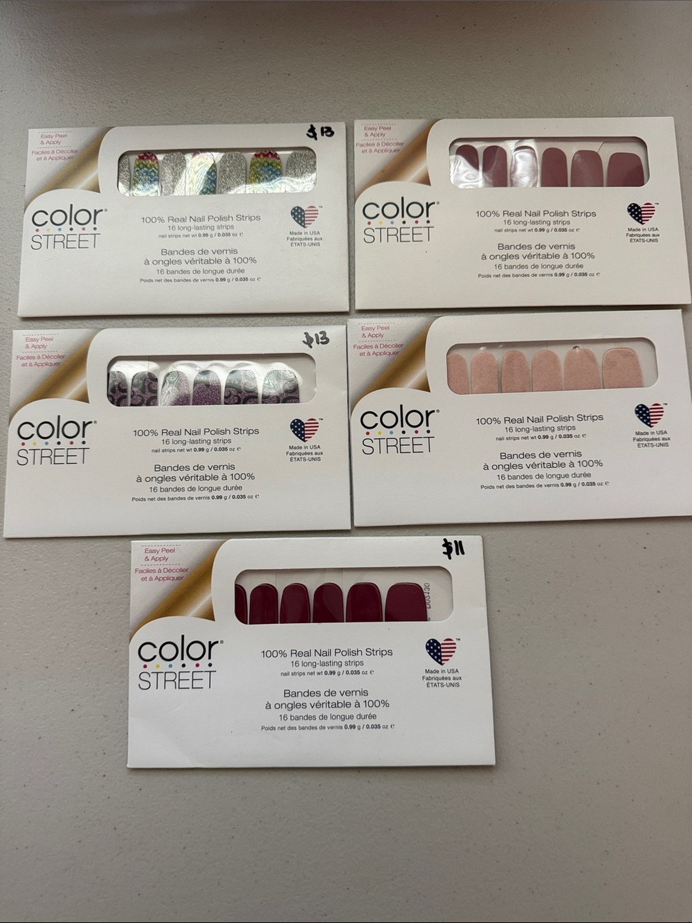 Color Street Assorted Pink, Burgundy & Glitter Nail Polish Strips Lot of 5 Packs
